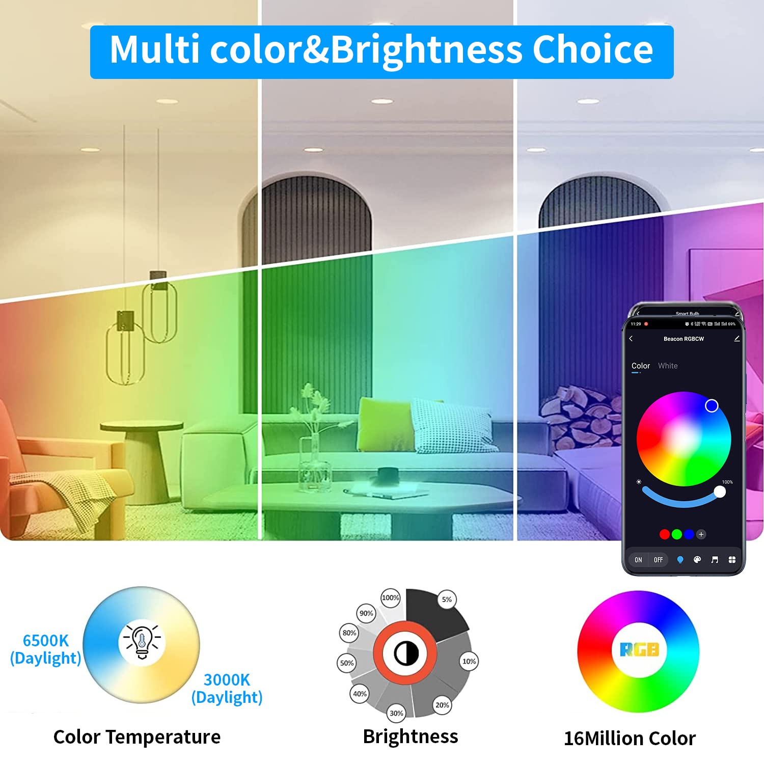 ELEPHANTBOAT Panel Lights for Ceiling 10W RGBCW Recessed Led Ceiling Surface Lights 800LM Smart Downlights Bluetooth Led Spot Light Music Sync Dimmable for Party Home Living Room APP Control ELEPHANTBOAT Panel Lights for Ceiling 10W RGBCW Recessed Led Ceiling Surface Lights 800LM Smart Downlights Bluetooth Led Spot Light Music Sync Dimmable for Party Home Living Room APP Control